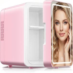 CUTIEWORLD Skincare Fridge With Dimmable LED Light Mirror, 4L Makeup Mini Fridge for Bedroom, Car, Office & Dorm, Cooler & Warmer, Portable Small Refrigerator for Cosmetics, Skin Care and Food, Pink