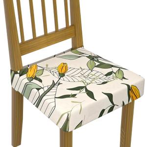 Stretch Dining Chair Seat Covers Set of 4,Dining Chair Slipcovers, Floral Printed Chair Covers,Soft Fabric Washable Upholstered Chair Seat Protector, No Rear Covers for Home Kitchen Dining Room (Yellow Flower Bud Patterns)