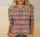 3/4 Sleeve Blouses for Women Dressy Casual Spring Tunic Tops Loose Fit Summer Trendy Shirts Flower Pattern Round Neck Lightweight Basic Tees Orange, S