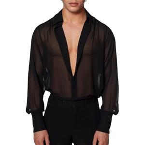 COOLOYA Men's Mesh Sheer See Through Long Sleeve Rave Disco Outfit Collar Button Front Party Shirt Tops Size L