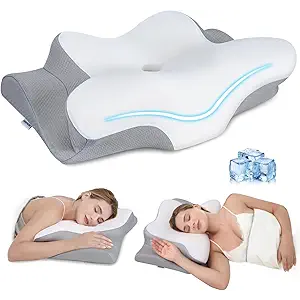 PAYHUIN Cervical Neck Pillow, Memory Foam Pillow for Pain Relief, 2 Height Adjustable Ergonomic Pillow with Breathable Ice Silk Cover, Contoured Neck Support Pillow for Side, Back and Stomach Sleepers