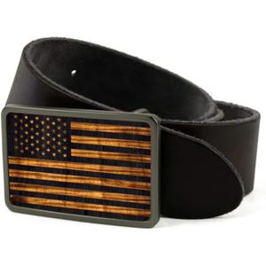 Koa Wood & Old Glory Engraved Belt Buckle by Thalia (Black / Brown)