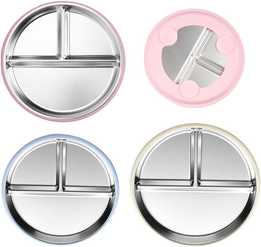 3 Pack Stainless Steel Kids Plates, 8 Divided Metal Toddler Plates with Removable Suction Silicone Sleeves, Stainless Steel Silicone Baby Plate for Infants & Toddlers 1-3 Years, Dishwasher Safe