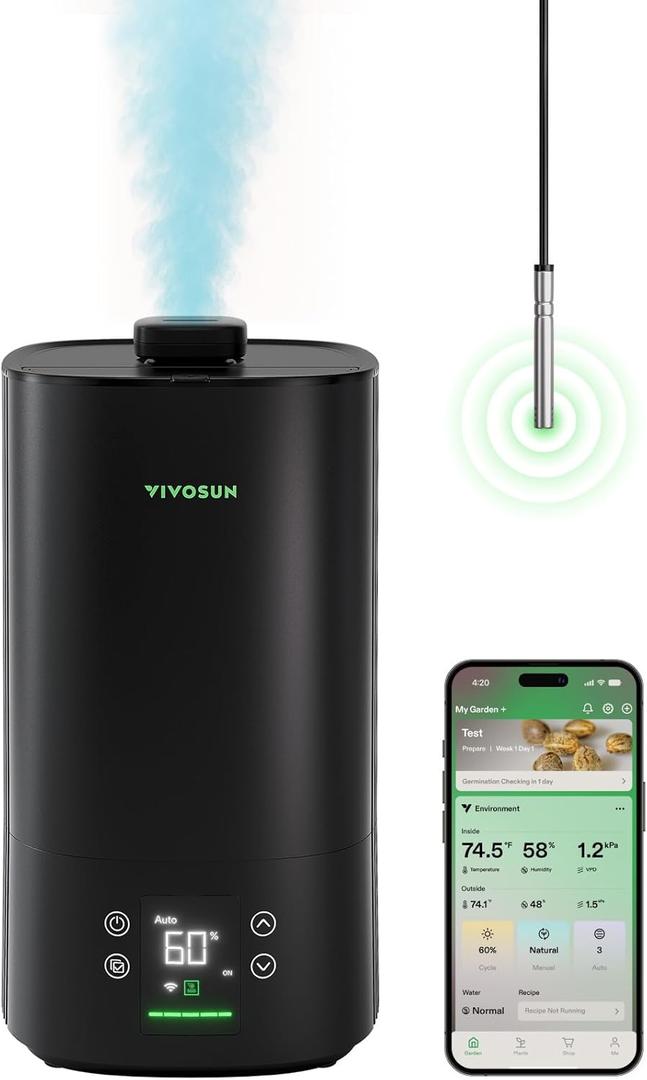 VIVOSUN AeroStream H05 Intelligent Wi-Fi Humidifier, 1.32 Gal / 5 L Humidifier with Temp & Humidity Probe, Smart Remote Control, Designed for Growers