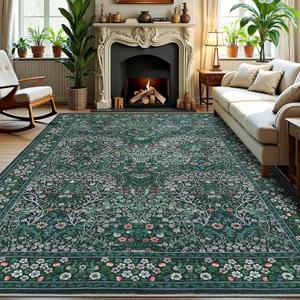 GarveeHome 8x10 Floral Washable Rug, Dark Green Vintage Boho Low Pile Non Slip Area Rug, Soft Botanical Indoor Throw Rug for Living Room, Entryway, Bedroom, Dining Room