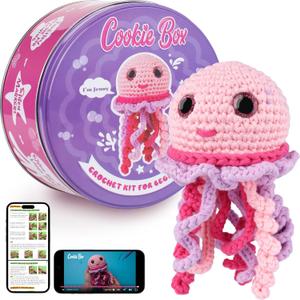 Cookie Box Crochet Kit for Beginners - Learn to Craft Amigurumi Stuffed Animals - Knitting Gift for Kids (13+) and Adults - Beginner-Friendly Yarn - Stitch-by-Stitch Video Tutorial - Jellyfish Jenny (Pink and Purple)