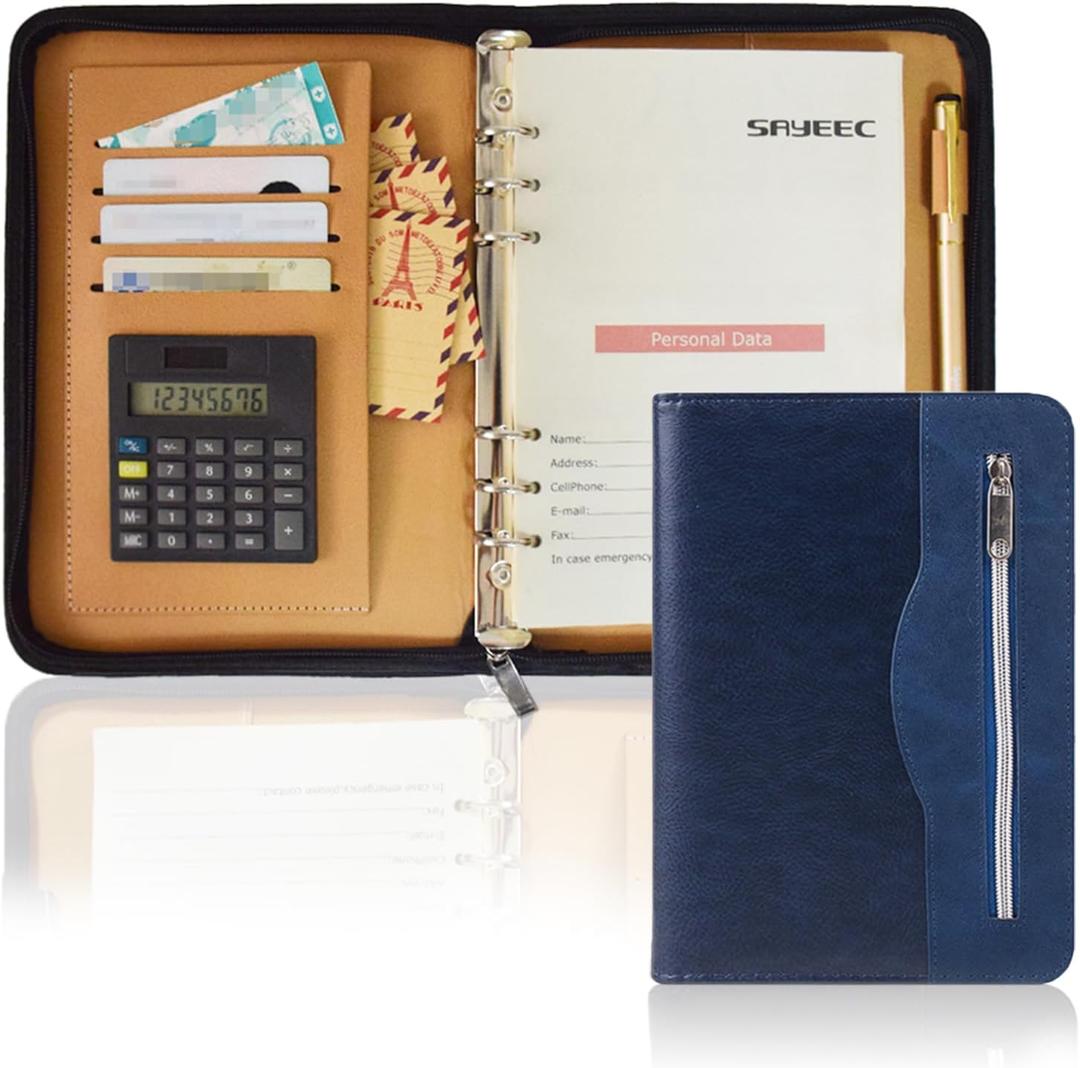 SAYEEC A5 Multifunctional Zippered Notebook Travel Notebook Business 6Ring Binder Meeting Folder Loose leaf Notepad with Calculator Pen Holder for Men Women (blue)