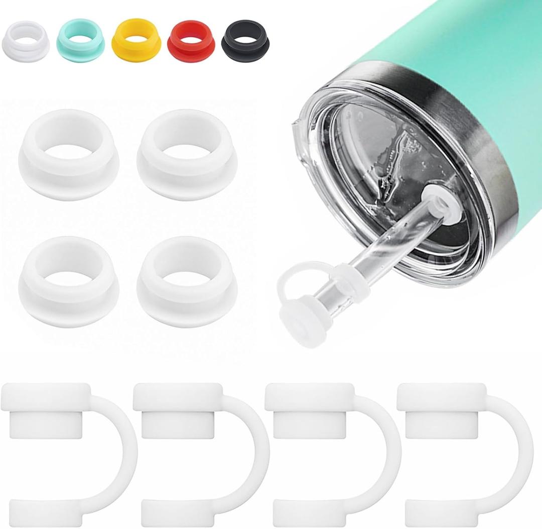 Straw Cover for YETI Cup, 4 Sets Silicone Spill Stopper Compatible with YETI Tumbler, Leak Proof Kit of Mug Accessories Including 4 Straw Cover, 4 Leak Proof Stopper (White 4PCS)