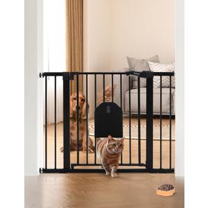 Babelio Auto Close Baby Gate with Cat Door, 29-43" Metal Gate for Doorway, Stairs, House, Easy Walk Thru with Pet Door, Includes 4 Wall Cups and 3 Extension Pieces, Black