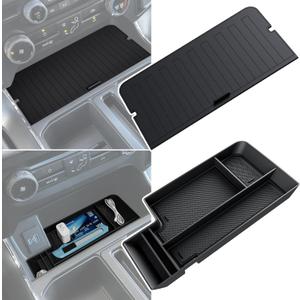 Center Console Organizer Cover for Ford F150 Accessories 2021-2024 2025 & Lightning XLT 2022 2023 2024 Middle Console Secret Pocket Lid Interior Hidden Storage Compartment Tray with USB Holes, 2PCS