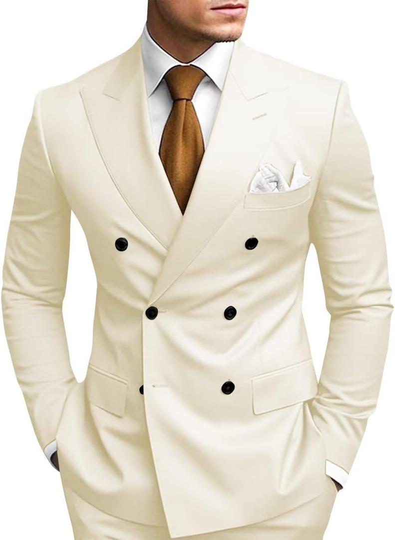 2 Piece Double Breasted Suit Men Slim Fit Mens Double Breasted Blazer Pants Sets Wedding Prom Homecoming Suit (Medium, Beige)