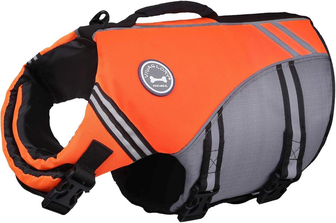VIVAGLORY Sports Style Dog Life Jacket with Adjustable & Durable, Extra Flotation Swim Life Vest with Secure Fastening System for Large Dogs, Bright Orange (L: 26-31 inch (Ribcage Girth))