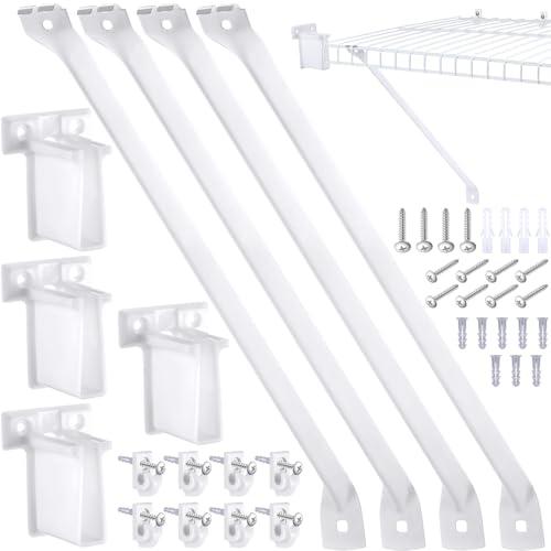 Hicarer 16 Pcs Wire Shelf Support Brackets Kit for 16 Inch, Include 4 Mental Closet Support Brace 8 White Down Wall Clips and 4 Wire Shelf End Brackets with Screws for Wardrobe