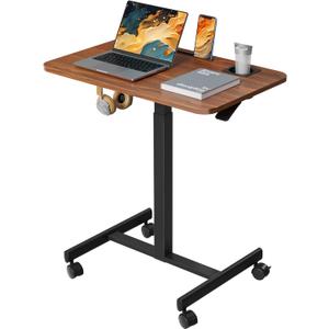 Mobile Standing Desk, Rolling Laptop Cart Adjustable Height with Cup Holder, 28 inch Portable Table with 4 Lockable Wheels, Walnut Computer Workstation with Hook and Slots for Home Office