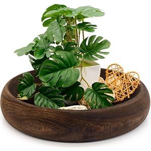 SAMGUYUE Wooden Decorative Bowls, 13 Inch Round Paulownia Wood Centerpiece Bowls for Home Decor, Blackened Fruit Bowl for Coffee Table, Key Tray for Entryway Moss Holder (Black)