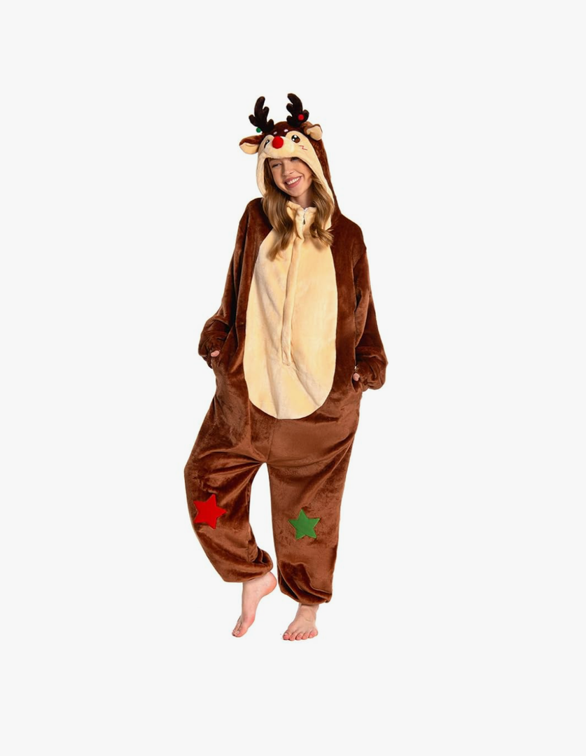 OLAOLA Unisex Adult Christmas Costume, Plush Santa Onesie Reindeer Gingerbread Snowman One-Piece Cosplay Pajamas, Size M.