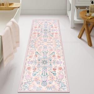 Uphome Long Bathroom Rug Pink Boho Bathroom Rugs Vintage Soft Luxury Non Slip Bath Mat Machine Washable Cute Floral Bath Runner Rug for Floor Entryway Bedroom, 20x60 inch