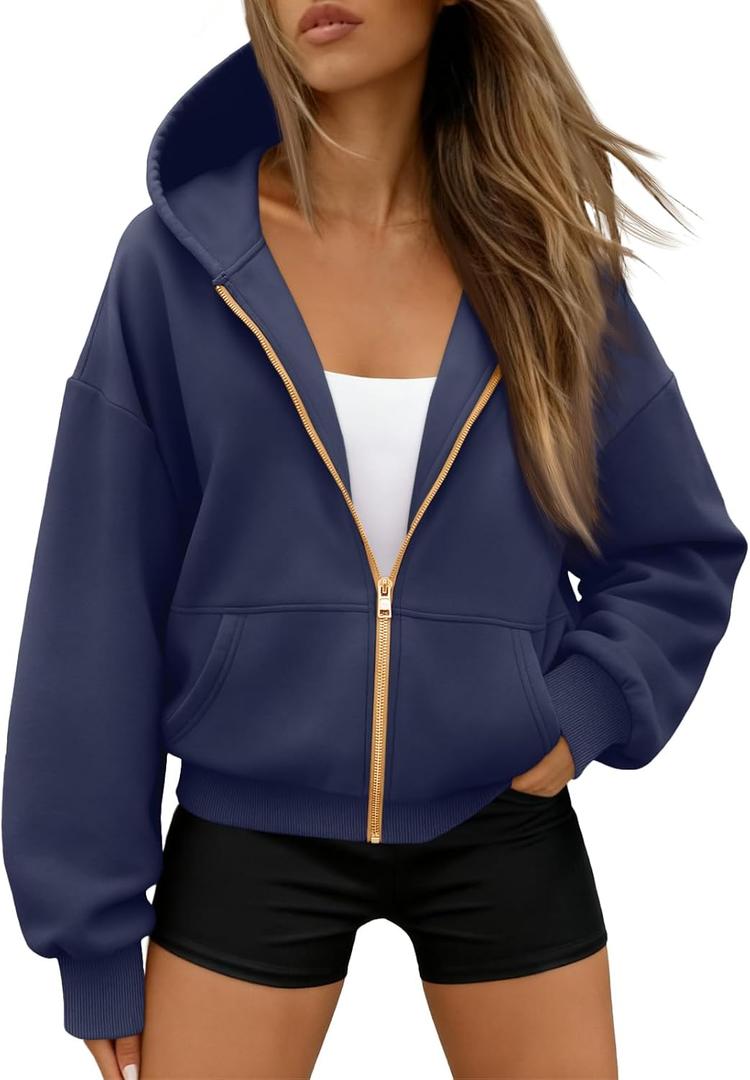 Trendy Queen Women's Zip Up Hoodie Fleece Lined Cropped Sweatshirt Y2K Oversized Fall Jacket (Navy)