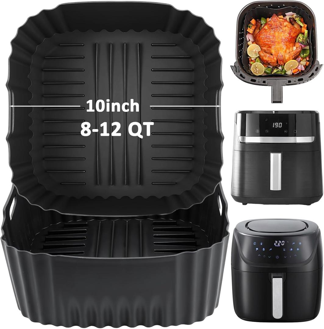 BYKITCHEN Large Air Fryer Silicone Liners Compatible with CHEFMAN 8QT/ 10 QT/ 12 QT & Other 8-12 Quart XL Airfryer, 2PCS 10 Inch Reusable Silicone Airfryer Oven Tray Insert, Air Fryer Accessories
