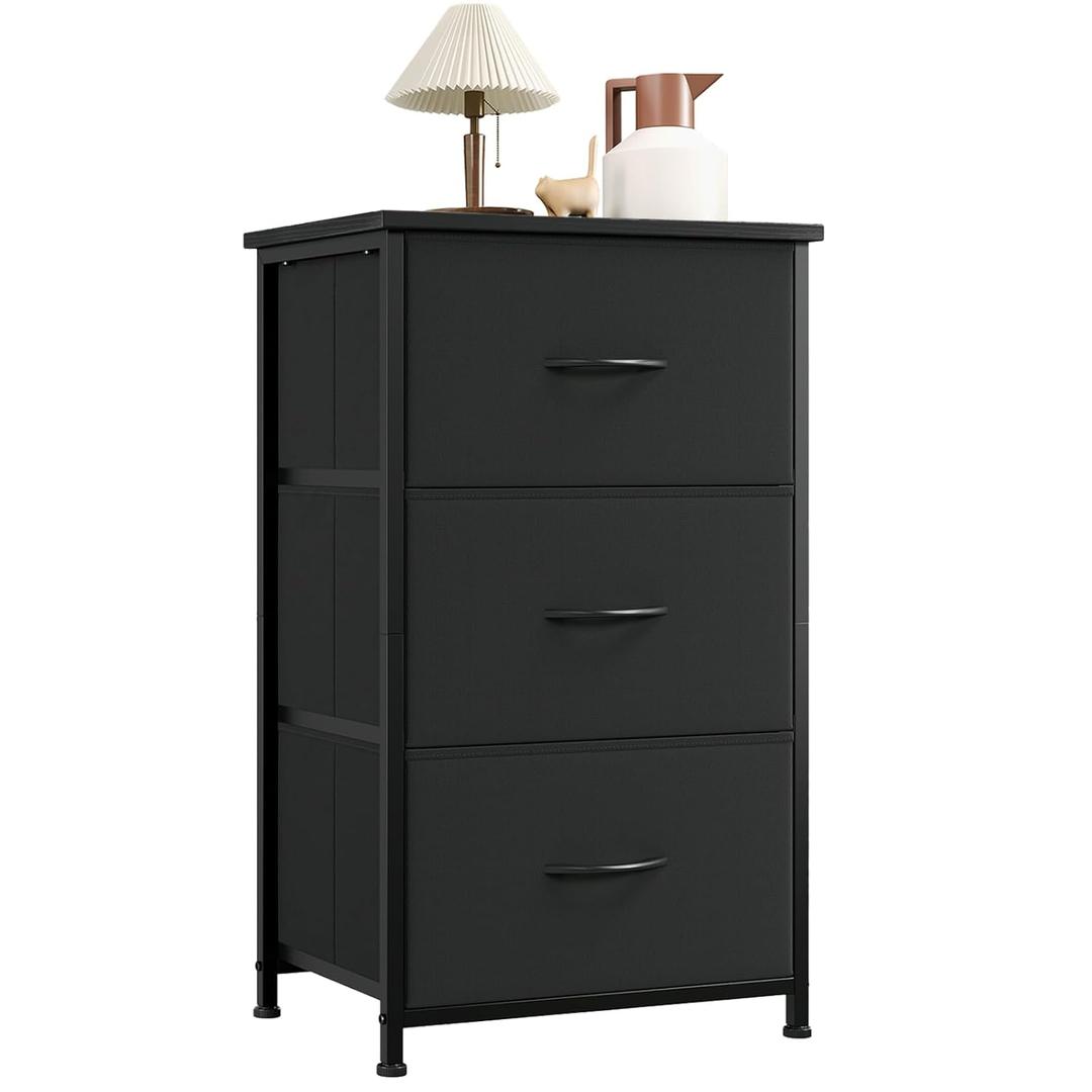 Somdot Small Dresser for Bedroom with 3 Drawers, Nightstand Storage Chest of Drawers with Removable Fabric Bins for Closet Bedside Living Room Laundry Entryway Hallway, Black