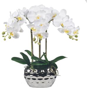 W&W Artificial Orchid Plants & Flowers Arrangement in Ceramic Pot, Fake Faux White Orchid with Silver Vase, Faux Orchids for Home Decor Indoor