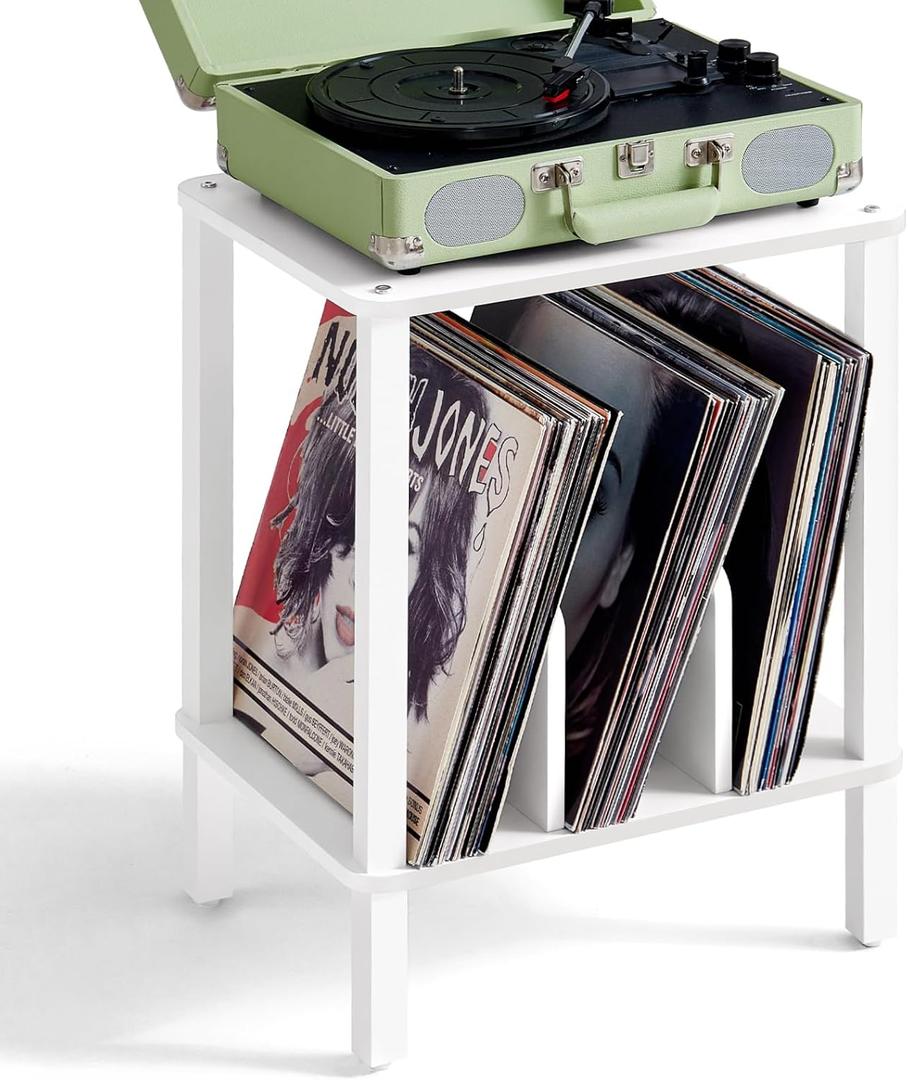LELELINKY 2-Tier Record Player Stand with Vinyl Record Storage up to 100 Albums, Bedroom Record Holder and Multi-Functional End Table for Living Room, White