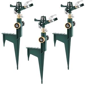 Landhoow 3 Pack Impact Sprinklers for Yard Heavy Duty Adjustable Pulsating Water Sprinkler with Spike Base 360 Degree Automatic Rotating Lawn Watering for Yard Patio Garden Irrigation(Dark Green)