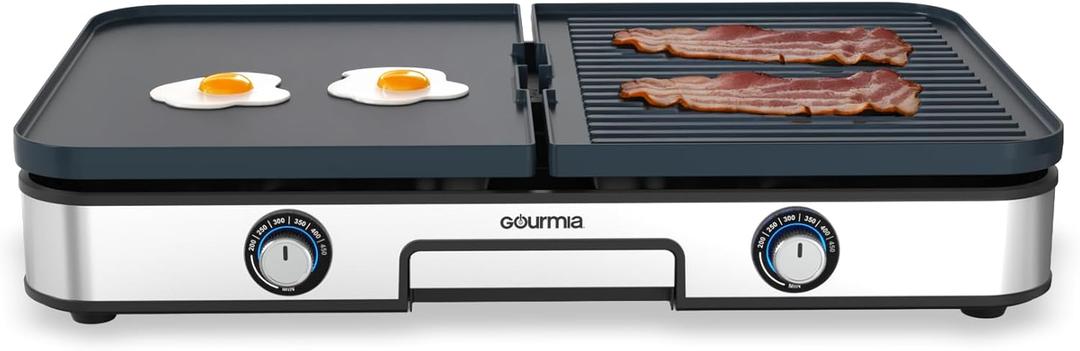 Gourmia 3-in-1 Indoor Grill & Griddle Electric Combo Dual Independent Cooking Zones, Reversible Nonstick Ceramic Plates, XL Cooking Surface, 250400F Adjustable Temp, Dishwasher Safe