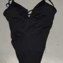 QINSEN Women's Spaghetti Strap V Neck One Piece Swimsuit Criss Cross Tie Back Bathing Suit (Medium, Black)