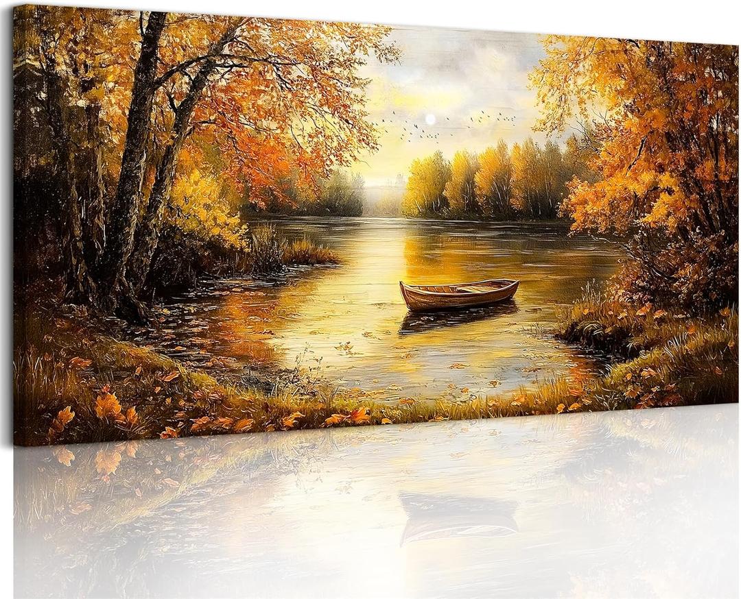 SERIMINO Fall Landscape Large Canvas Wall Art Living Room, Lake Boat Forest Art Prints, Autumn Scenery Nature Decor Pictures, Rustic Gold Paintings Wall Decor Bedroom, Office Decoration 24"X48" (48L" x 24W", Golden Forest Lake Scenery)