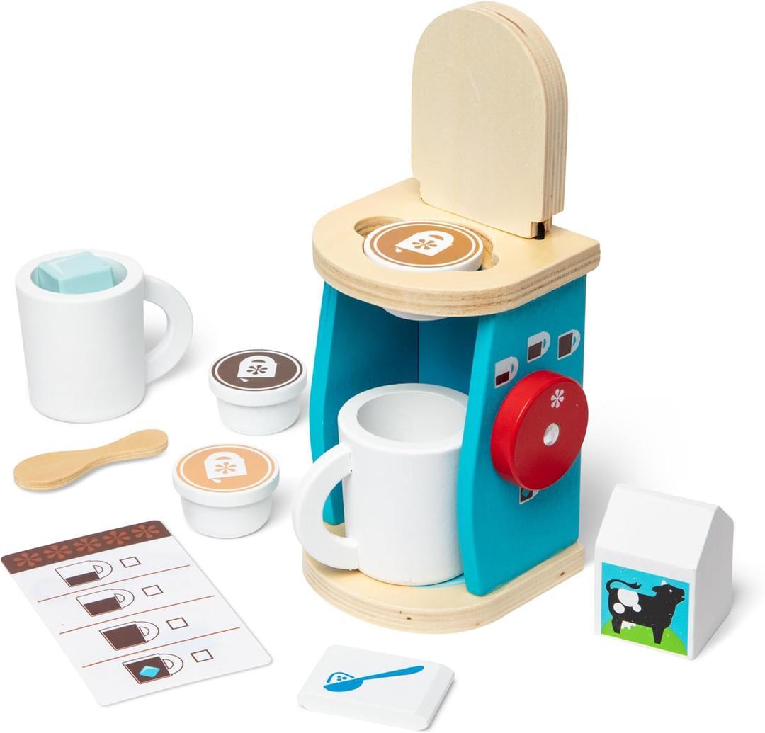 Melissa & Doug 11-Piece Brew and Serve Wooden Coffee Maker Set - Play Kitchen Accessories Pretend Play Kitchen Accessories Kids Coffee Maker Set for Girls and Boys, 9.9 Inch
