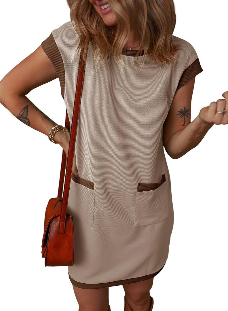 Dokotoo Women's 2026 Casual Spring Summer Dresses Fashion Cap Sleeve Color Block Crewneck Shift Tshirt Mini Dress (M)