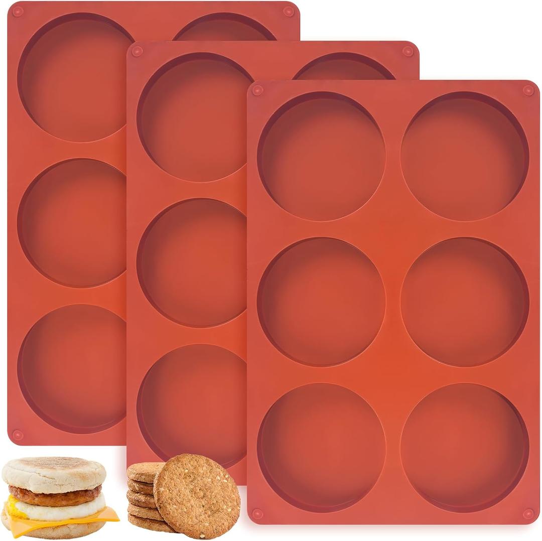 3 Pcs Silicone Egg Molds 4 Inch Jumbo Muffin Top Pans for Baking,Non-Stick 6 Holes Large Round Silicone Molds for Hamburger Egg Whoopie Pie Sandwich