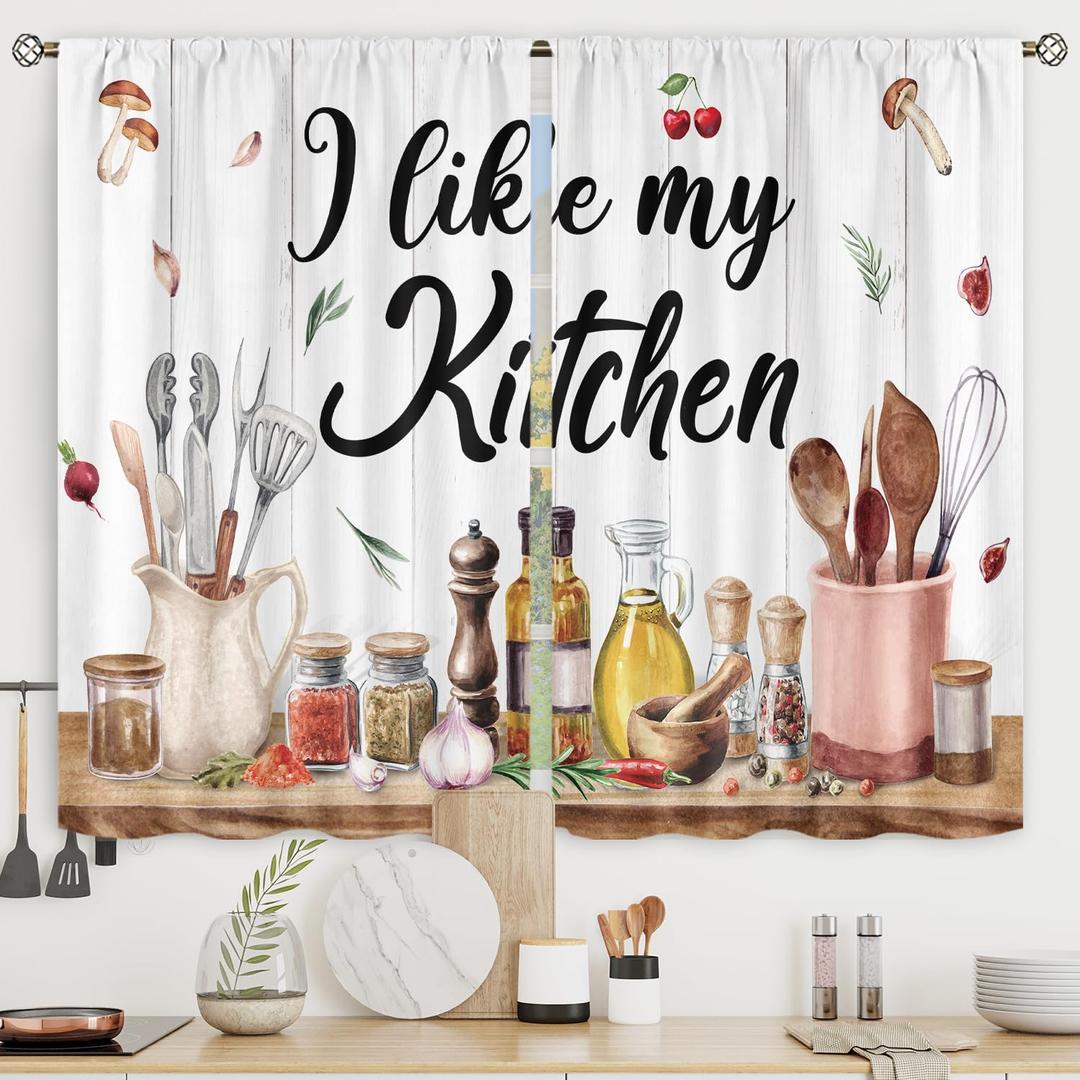 Riyidecor Retro Rustic Kitchen Curtains Farmhouse Country Mushroom Leaves Wood Plank Vintage Funny Quotes Rod Pocket Short Small Watercolor Bedroom Living Room Treatment Fabric 2 Panels 27.5Wx39H Inch (01white)