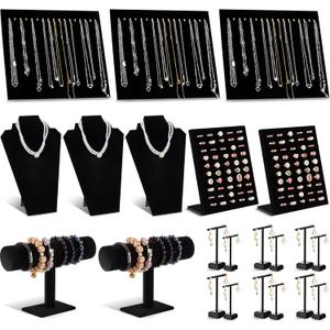 Henoyso 22 Pcs Velvet Jewelry Display Set Jewelry Display for Selling Necklace Stand Bracelet Holder T Shape Earring Stand (Black)