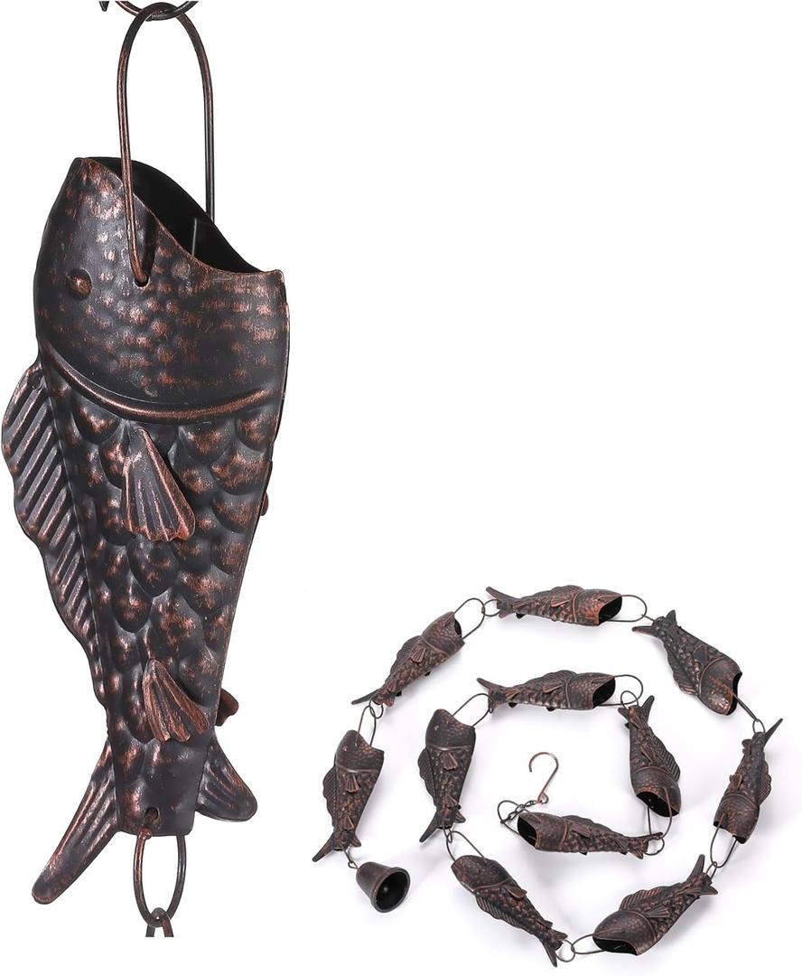 Antique Bronze Rain Chain with Rainbow Trout for Heavy Rain, Functional and Decorative Replacement Downspout Chain for Outside, Rain Catcher Chain for Gutters, 8.5FT