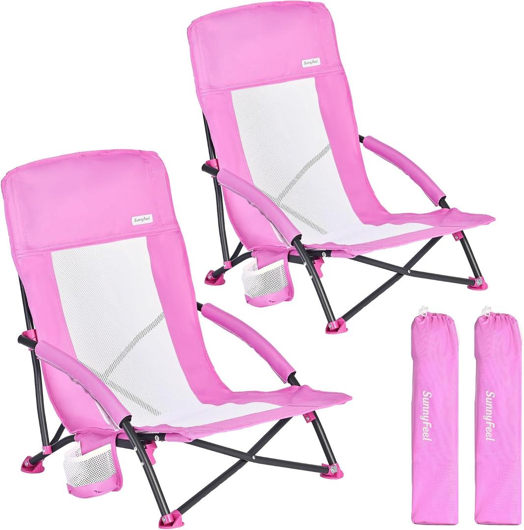 SUNNYFEEL Folding Low Camping Beach Chair 2 Pack, Lightweight Portable Lawn Chair with Mesh Back, Cup Holder for Outdoor/Travel/Picnic/Concert, Foldable Camp Backpack Chair with Carry Bag