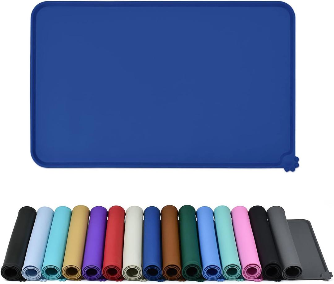 Waterproof Pet Feeding Mat with High Raised Edges, Heavier and Thicker Placemats for Cat Dog Water Bowl with BPA Free, Dogs Cats Food Mats for Messy Drinkers to Prevent Spill and Protect Floors (22" x 14", Navy Blue)