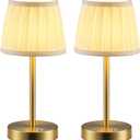 PUSU 2 Pack Cordless LED Gold Table Lamps, Rechargeable 4000mAh 3 Way Dimmable Bedside Small Lamp with Fabric Shade, Lighting for Bedroom, Kids Room, Bathroom, Kitchen, Decor, Gift, Night Light