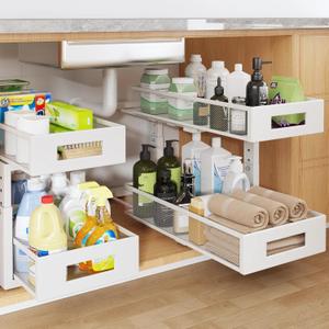 2 Packs 19IN Depth Under Sink Organizer, 2-Tier Pull Out Cabinet Organizer With Smooth Circular Rail, Large Capacity Metal Mesh Sliding Drawers For Bathroom& Kitchen Storage,Height Adjustable –White, 2 Pack-19"Dx11.6"-16.7" H