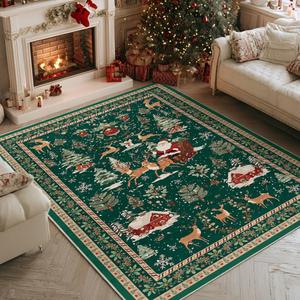 Artoid Mode Green Santa Claus Deer Christmas Area Rug, Winter Home Decor Low-Profile Non-Slip Washable Large Rug for Living Room Bedroom Farmhouse Dining Room Kids Playroom 5x7 Feet