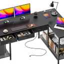 PRAISUN 55 Inch L Shaped Office Desk with Power Outlets and Type-C Port, Large Computer Gaming Desk with 3 Fabric Drawers, Mesh Shelves, Corner Study Work Writing Desk, Black, 55.1inch