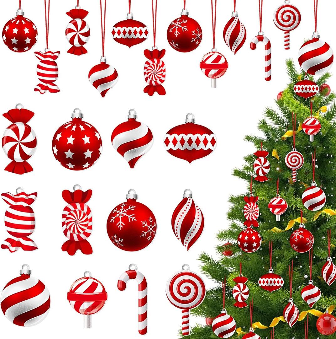 36 Pcs Christmas Candy Hanging Ornaments Wood Christmas Peppermint Lollipop Candy Cane Decorations Red White Tree Ornaments with Rope for Xmas Tree DIY Craft Party Favors