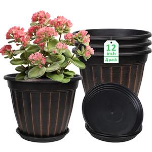 FGstyle 12 Inch Pots for Plants,4 Pack Tall Planters,Large Flower Pots with Drainage Hole & Saucer,Decorative Outdoor Planter for Planting Medium Large Plants(Black