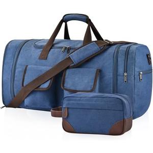 Duffle Bag for Travel, 60L Large Canvas Travel Duffel Bags Overnight Weekend Gym Bag Carry On Duffel Bag with Wet Dry Separation Pocket & Shoe Compartment(Blue+Toiletry Bag)