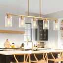 Mecgirn Island Light for Kitchen, Brushed Gold Dining Room Light Fixture Over Table, 5-Light Linear Chandelier Pendant Lighting for Dining Table Kitchen Island Living Room, 5 Light + Clear Glass