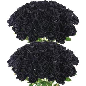Hananona 50 Pcs Artificial Roses in Bulk, Fake Velvet Silk Roses Realistic Black Roses for Wedding Centerpieces Flower Arrangement Home Decor (50, Black)