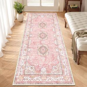 Washable Runner Rug 2'x6',Pink Rug Runners Non Slip,Long Boho Rugs for Hallways Kitchen Bathroom Bedroom Entryway,Vintage Bohemian Distressed Floor Carpet,Blush Floral Flowers