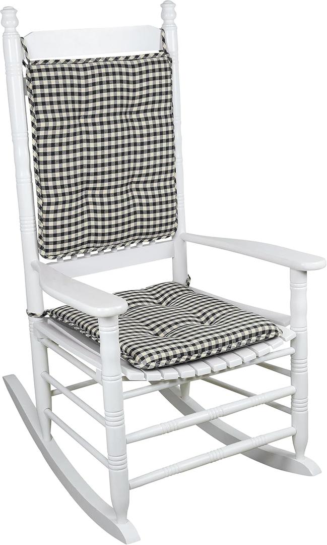 Klear Vu Porch Rocking Chair Cushion Set for Indoor and Outdoor Use, Assembled in The USA, Easy to Clean Stylish Seat and Back Pads with Fabric Ties, 20" x 17" x 2", Gingham Black