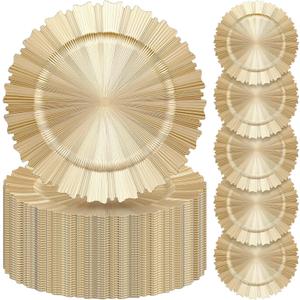 Mifoci 50 Pcs Champagne Gold Charger Plates Bulk 13 Inch Plastic Round Chargers Fluted Edge Dinner Plate Wedding Decoration for Table Setting Wedding Party Event Tabletop